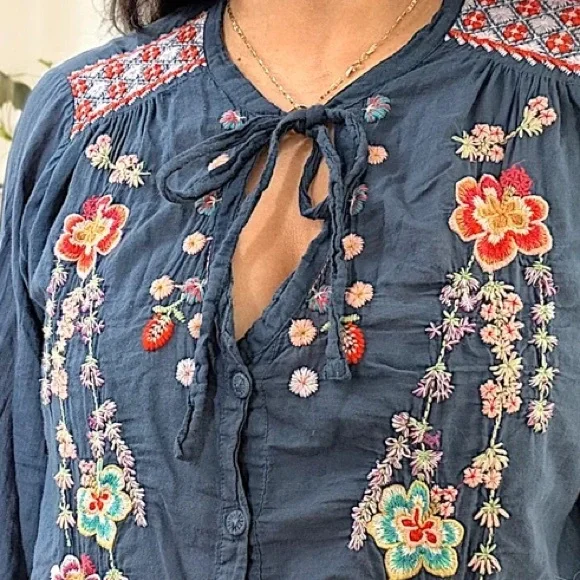 Johnny Was Alaura heavily embroidered tie neck blouse NWT